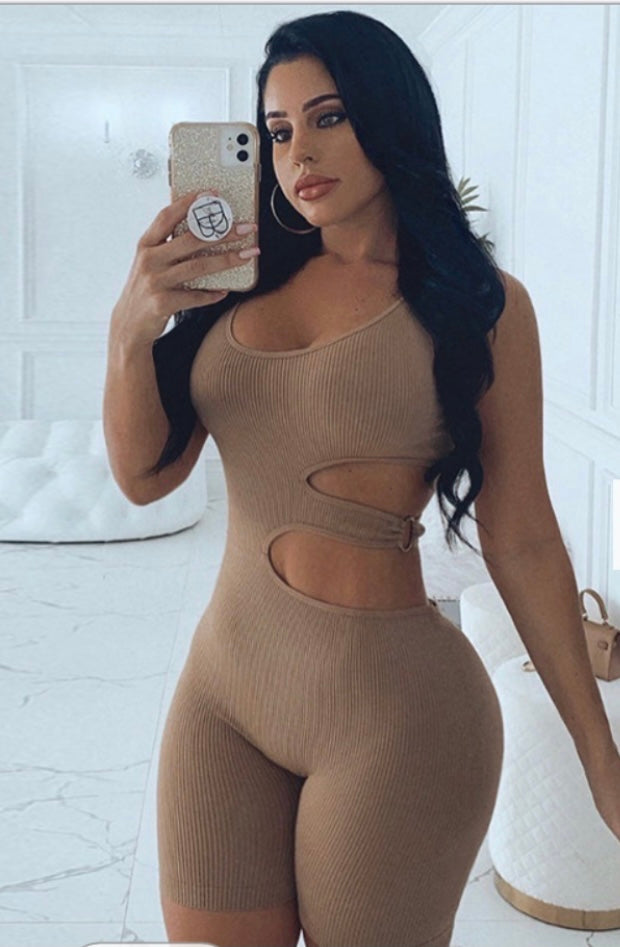 Tan strappy one piece hallow out